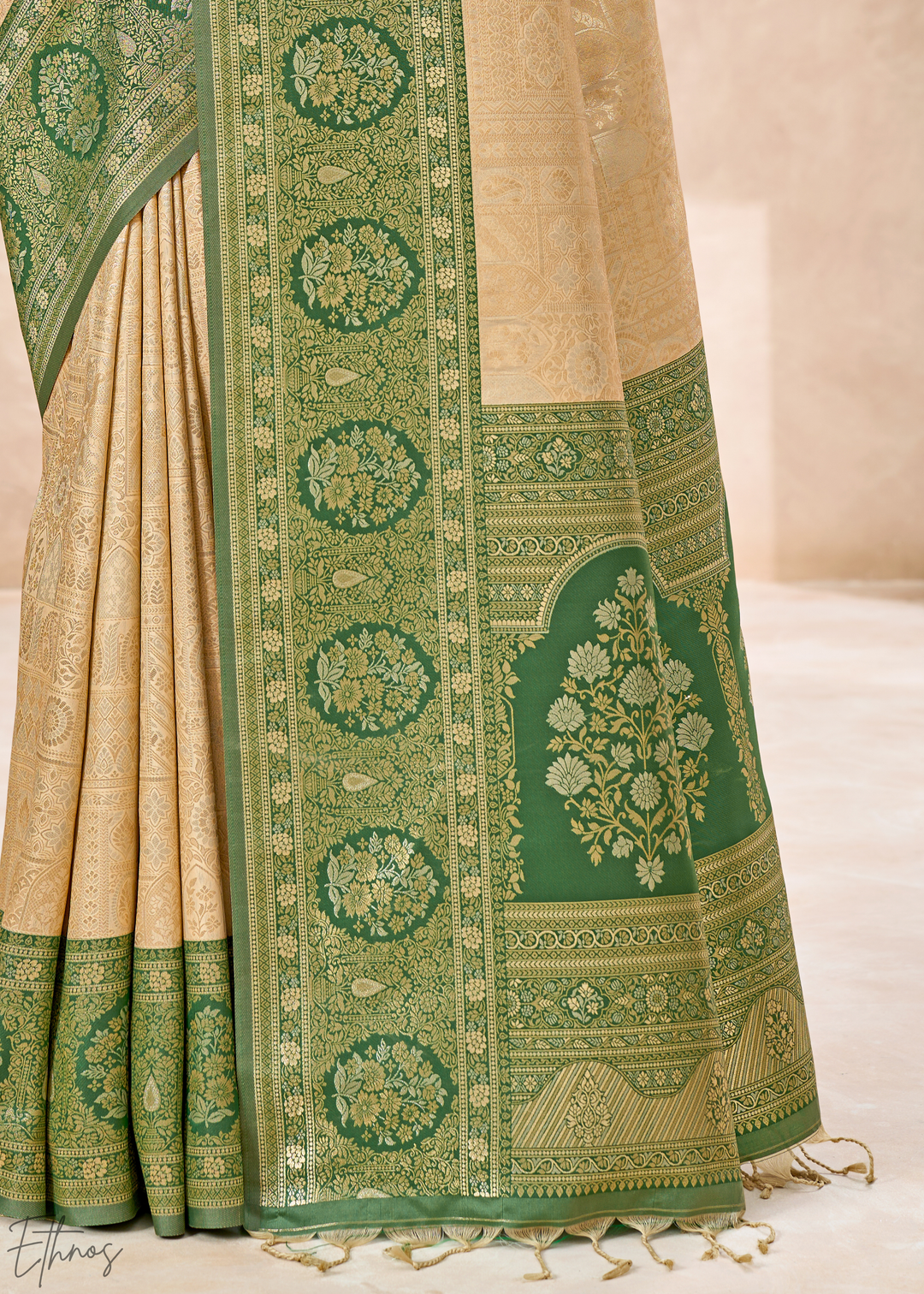 Emerald Green Botanical Panel Woven Silk Saree