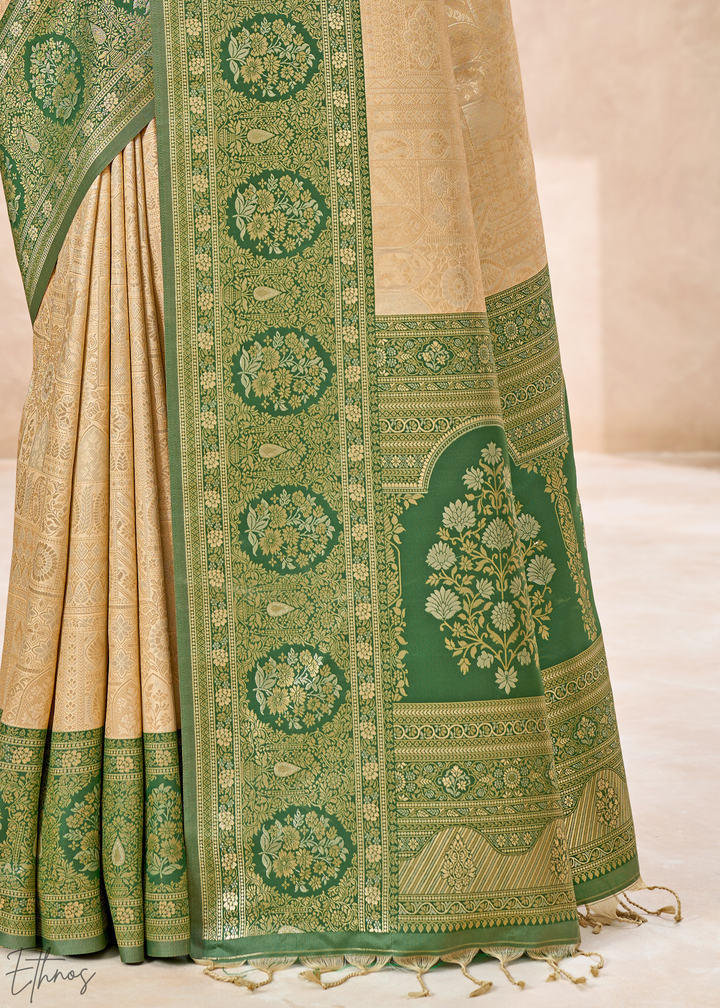 Emerald Green Botanical Panel Woven Silk Saree