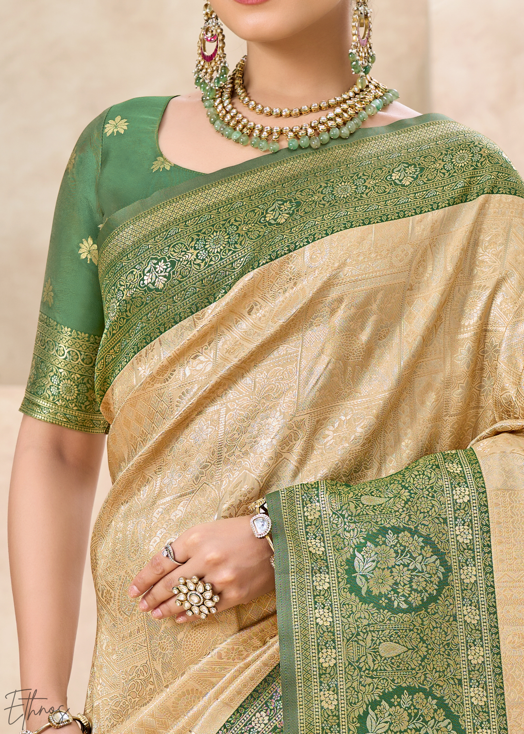 Emerald Green Botanical Panel Woven Silk Saree