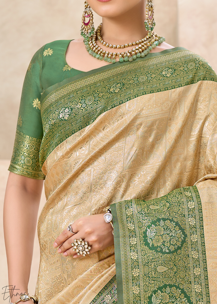Emerald Green Botanical Panel Woven Silk Saree