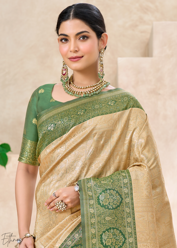 Emerald Green Botanical Panel Woven Silk Saree