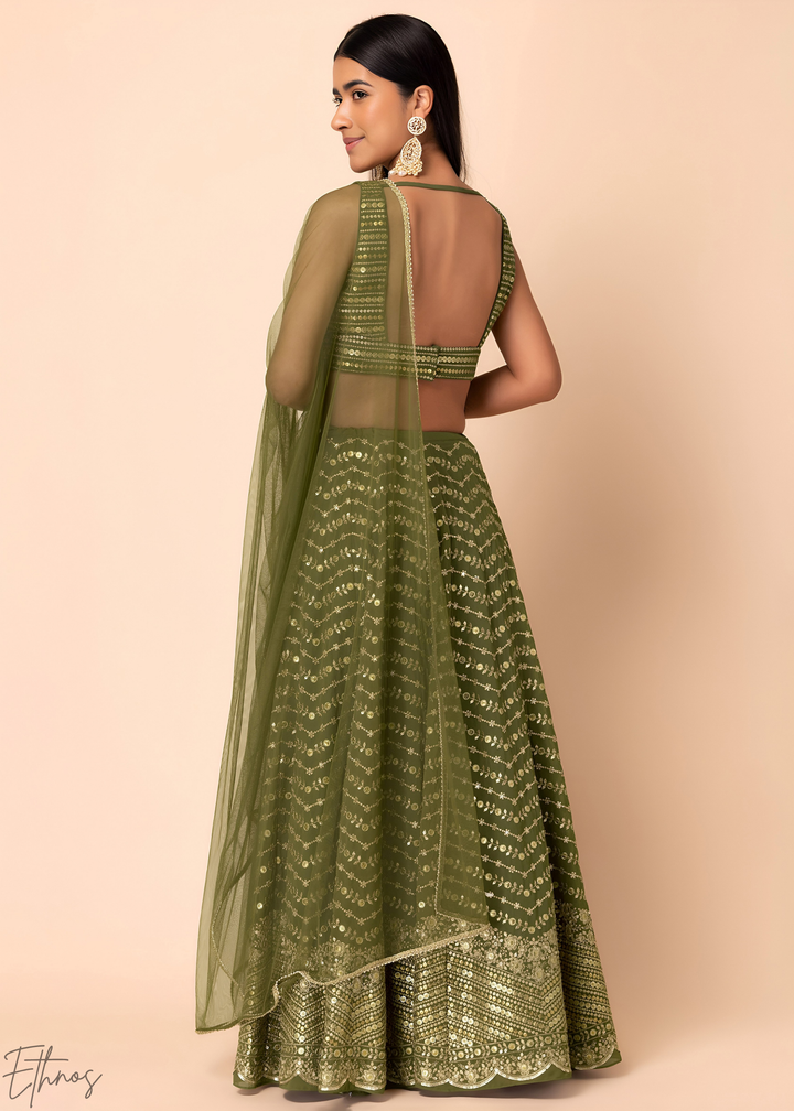 Emerald Green Chevron-Border Georgette Lehenga