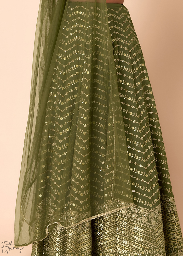 Emerald Green Chevron-Border Georgette Lehenga