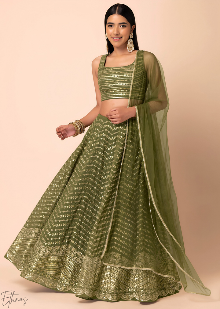 Emerald Green Chevron-Border Georgette Lehenga
