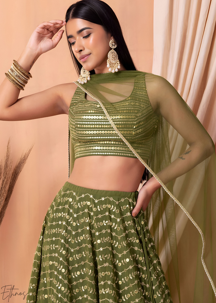Emerald Green Chevron-Border Georgette Lehenga