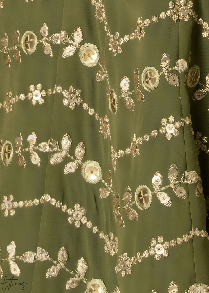 Emerald Green Chevron-Border Georgette Lehenga