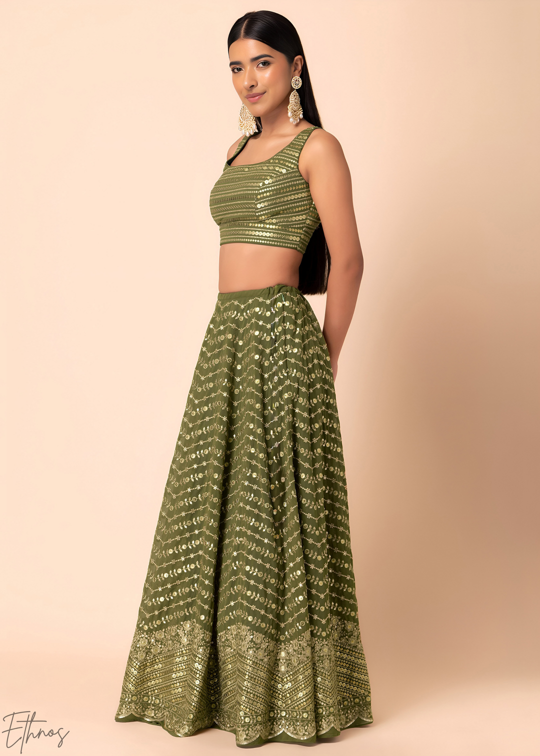 Emerald Green Chevron-Border Georgette Lehenga