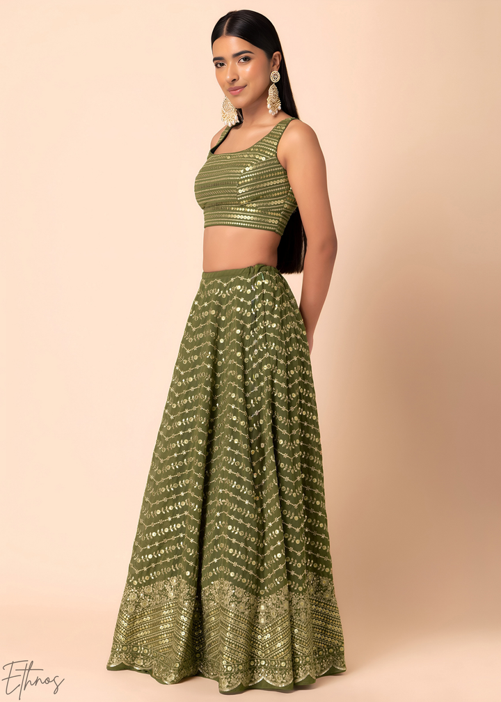 Emerald Green Chevron-Border Georgette Lehenga