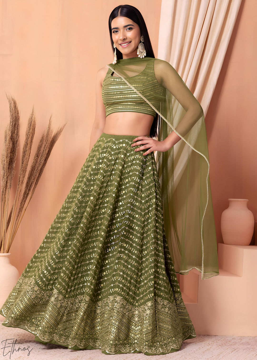 Emerald Green Chevron-Border Georgette Lehenga