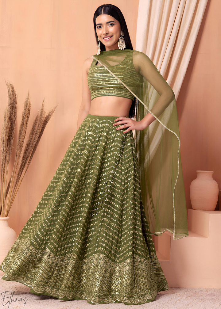 Emerald Green Chevron-Border Georgette Lehenga
