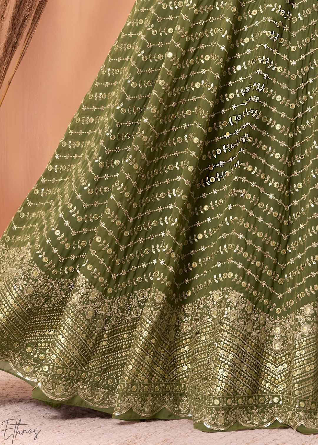 Emerald Green Chevron-Border Georgette Lehenga