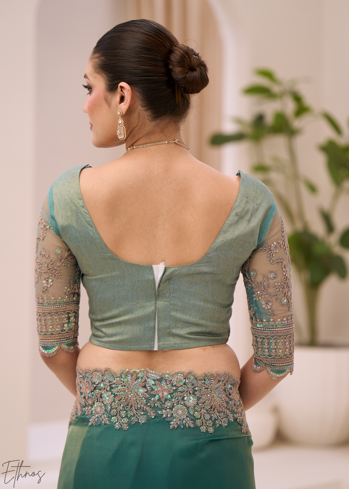 Teal Green Elegant Sheer Sunshine Tissue Saree