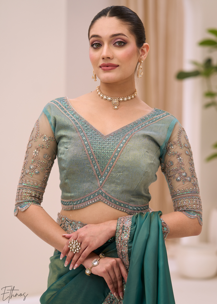 Teal Green Elegant Sheer Sunshine Tissue Saree