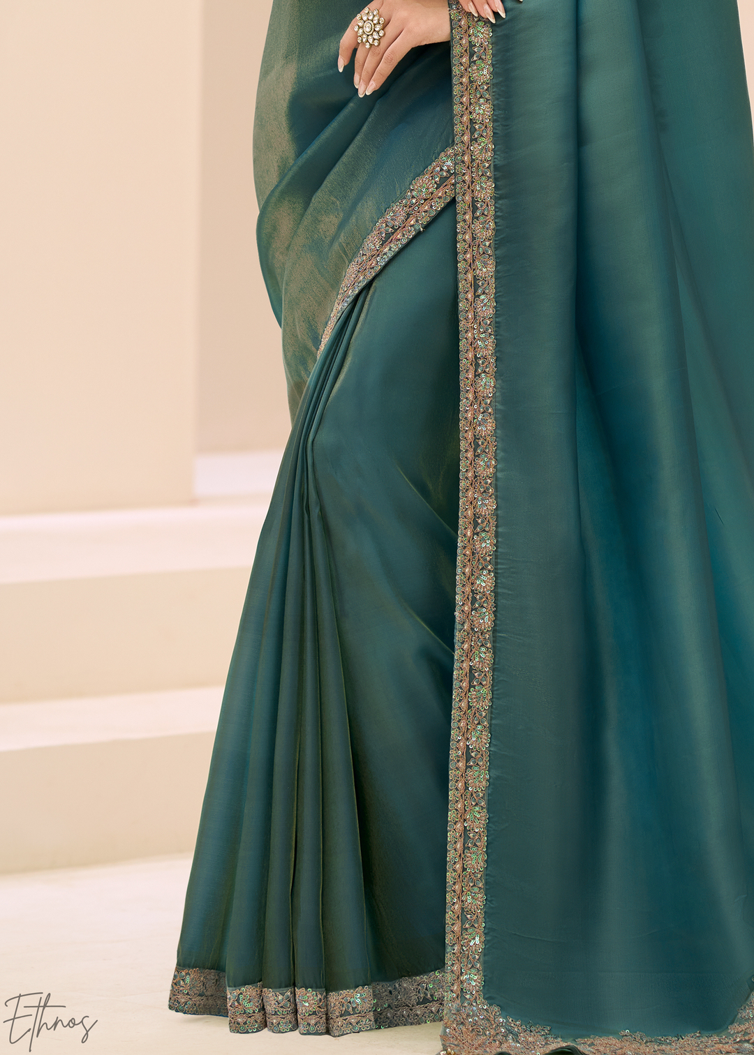 Teal Green Elegant Sheer Sunshine Tissue Saree