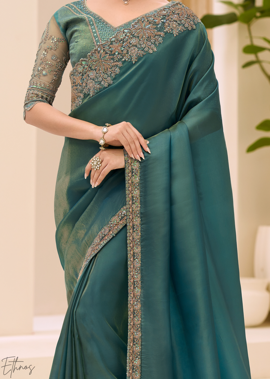 Teal Green Elegant Sheer Sunshine Tissue Saree