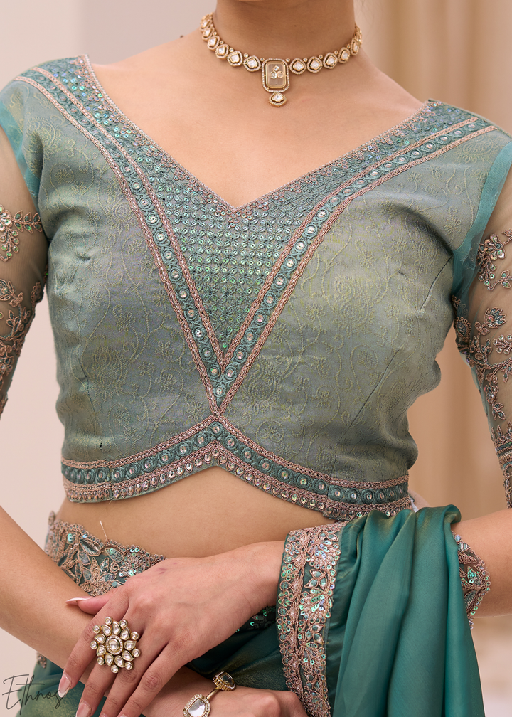 Teal Green Elegant Sheer Sunshine Tissue Saree