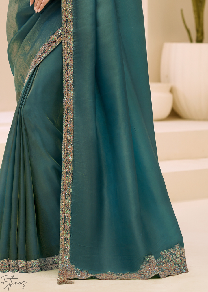 Teal Green Elegant Sheer Sunshine Tissue Saree