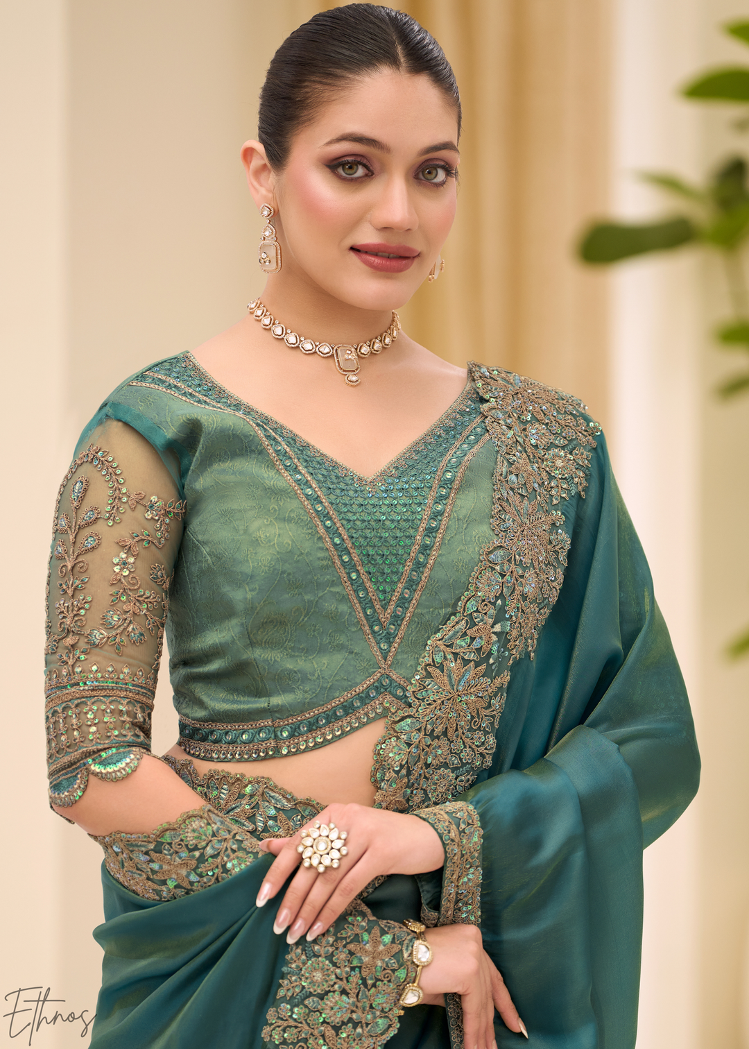 Teal Green Elegant Sheer Sunshine Tissue Saree