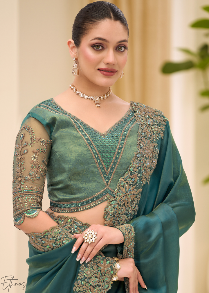 Teal Green Elegant Sheer Sunshine Tissue Saree