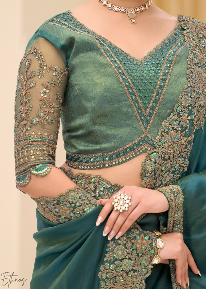 Teal Green Elegant Sheer Sunshine Tissue Saree