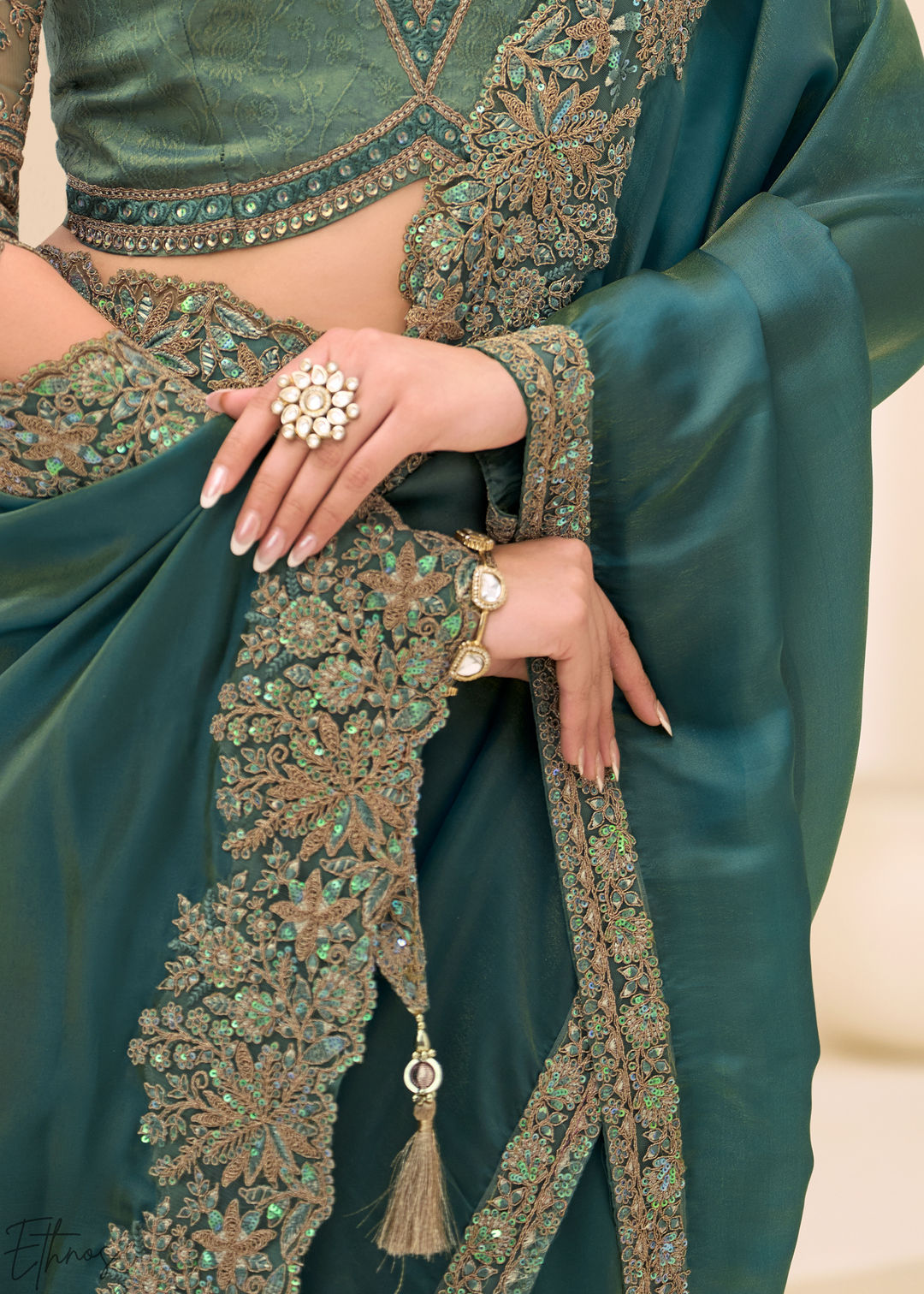 Teal Green Elegant Sheer Sunshine Tissue Saree