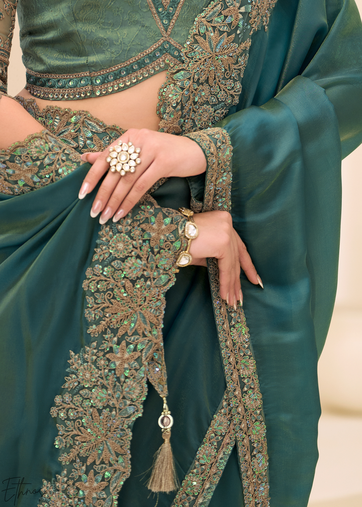 Teal Green Elegant Sheer Sunshine Tissue Saree