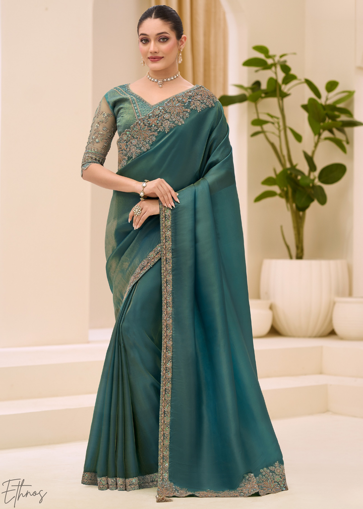 Teal Green Elegant Sheer Sunshine Tissue Saree