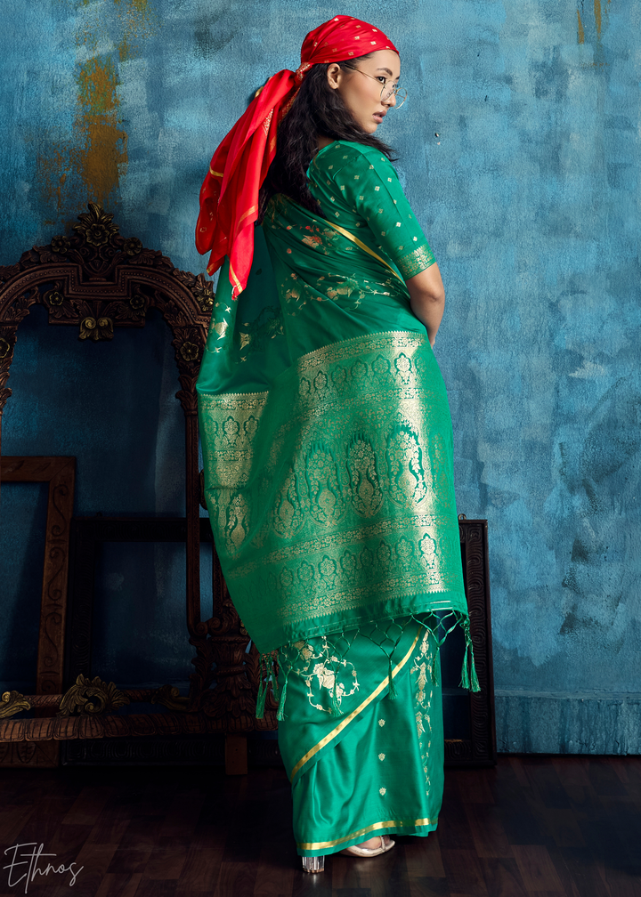 Emerald Green Floral Brocade Satin Silk Saree