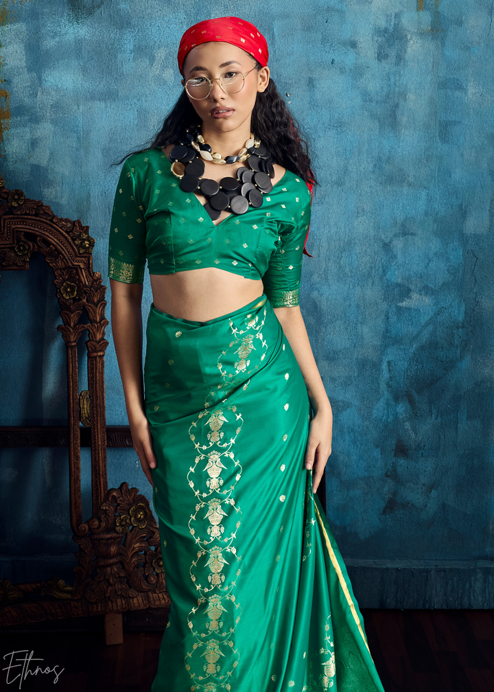 Emerald Green Floral Brocade Satin Silk Saree