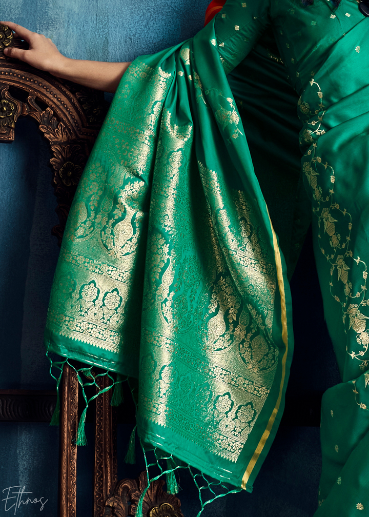 Emerald Green Floral Brocade Satin Silk Saree