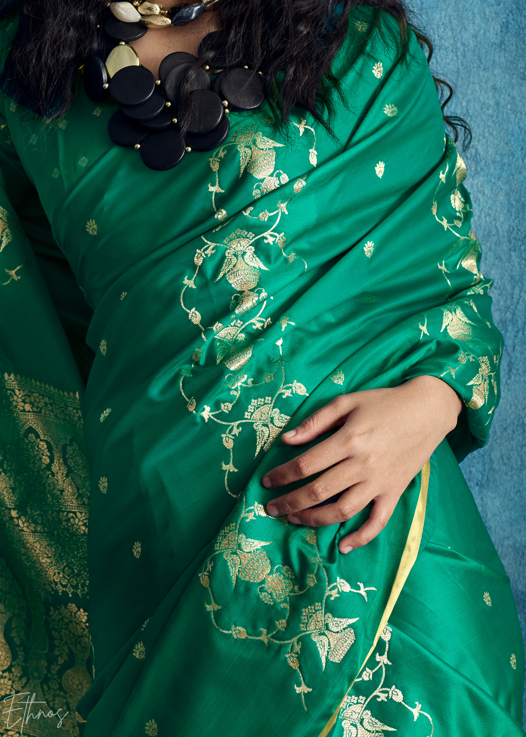 Emerald Green Floral Brocade Satin Silk Saree