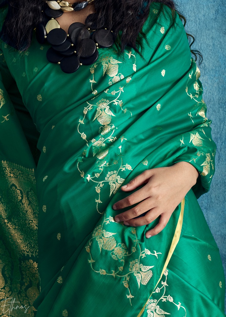 Emerald Green Floral Brocade Satin Silk Saree