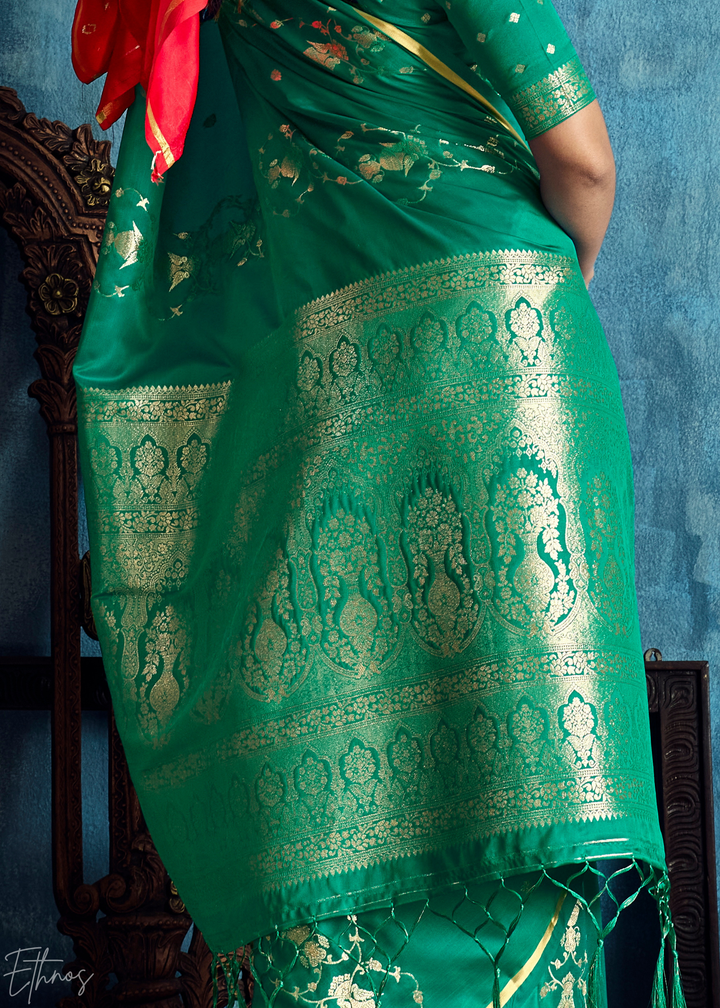 Emerald Green Floral Brocade Satin Silk Saree