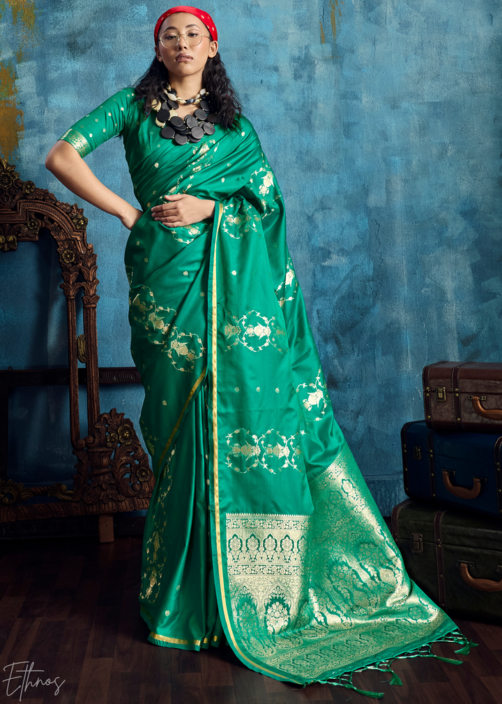 Emerald Green Floral Brocade Satin Silk Saree