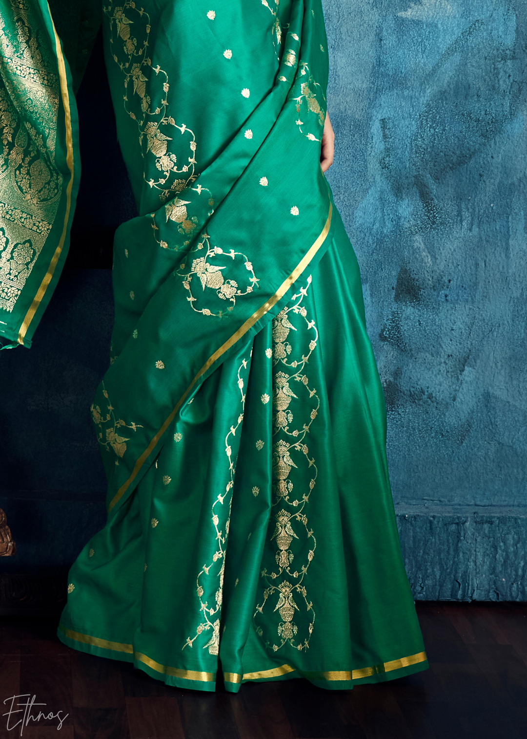 Emerald Green Floral Brocade Satin Silk Saree