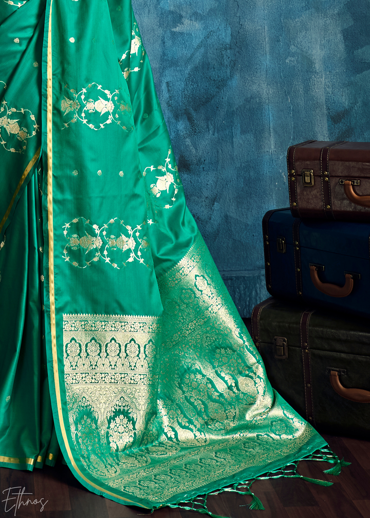 Emerald Green Floral Brocade Satin Silk Saree