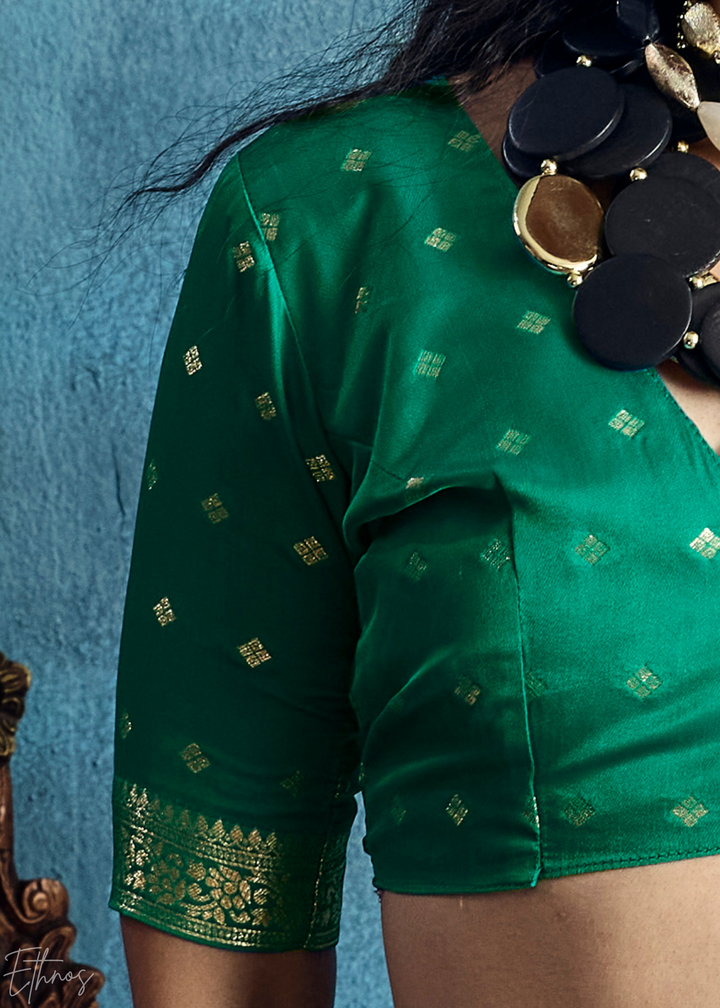 Emerald Green Floral Brocade Satin Silk Saree