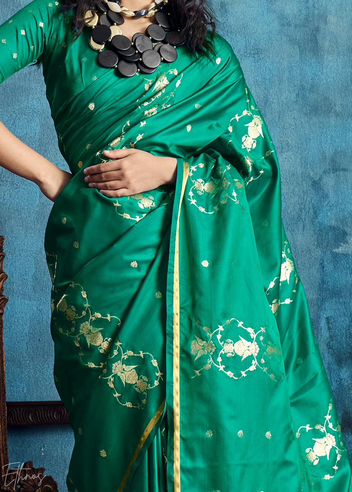 Emerald Green Floral Brocade Satin Silk Saree
