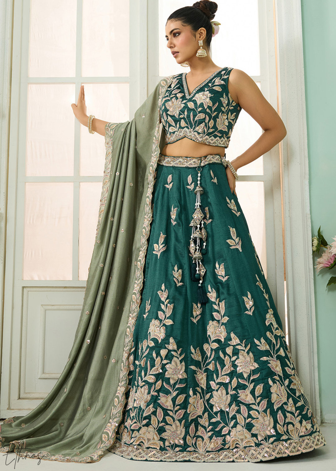 Emerald Green Floral Gota Embroidered Silk Lehenga Choli