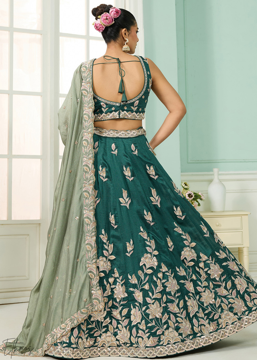 Emerald Green Floral Gota Embroidered Silk Lehenga Choli