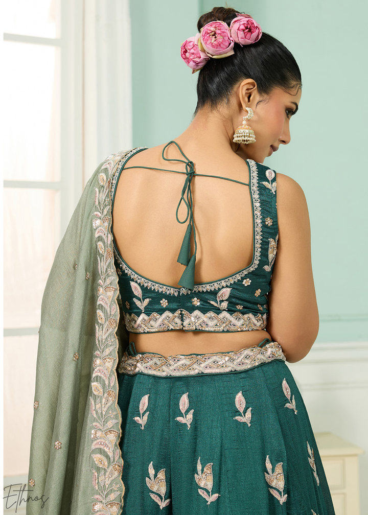 Emerald Green Floral Gota Embroidered Silk Lehenga Choli