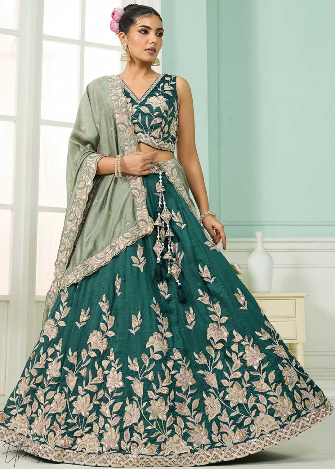 Emerald Green Floral Gota Embroidered Silk Lehenga Choli