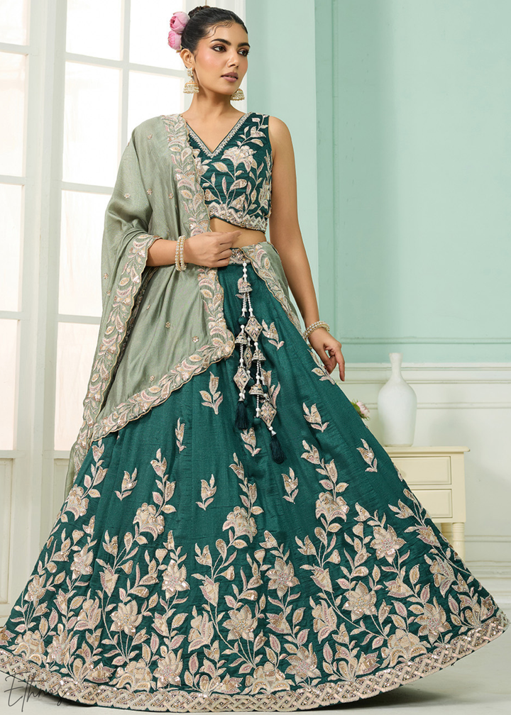 Emerald Green Floral Gota Embroidered Silk Lehenga Choli