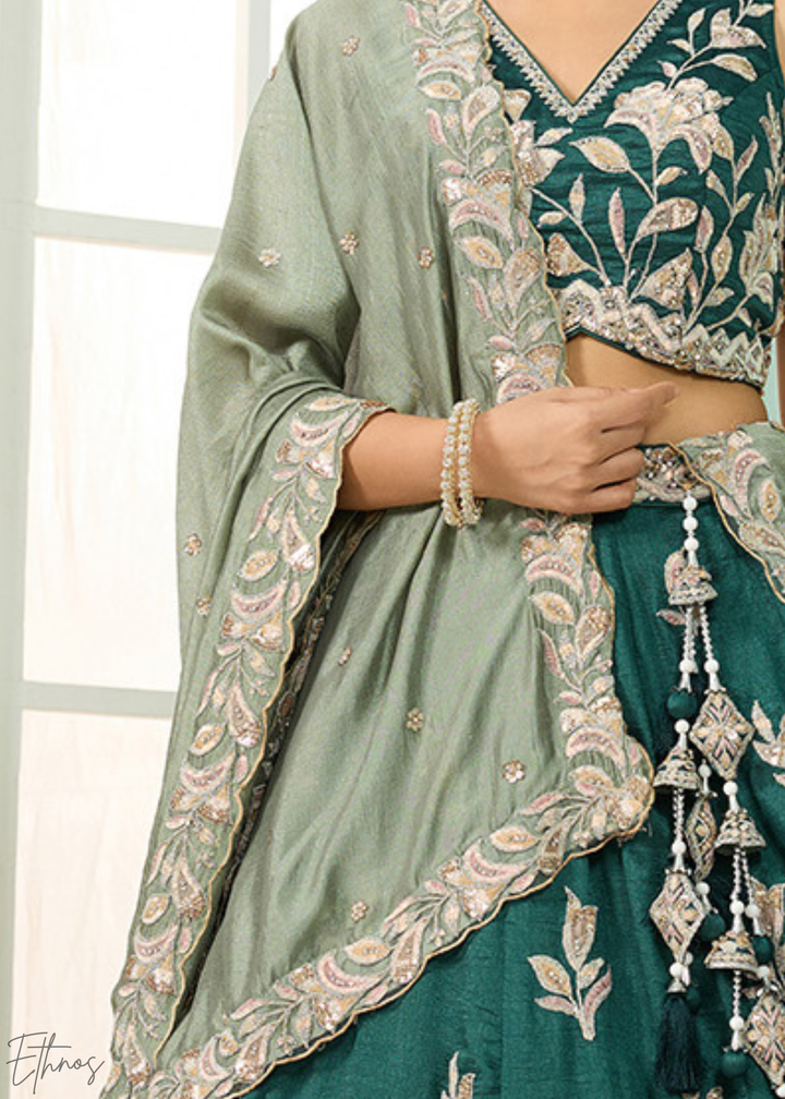 Emerald Green Floral Gota Embroidered Silk Lehenga Choli