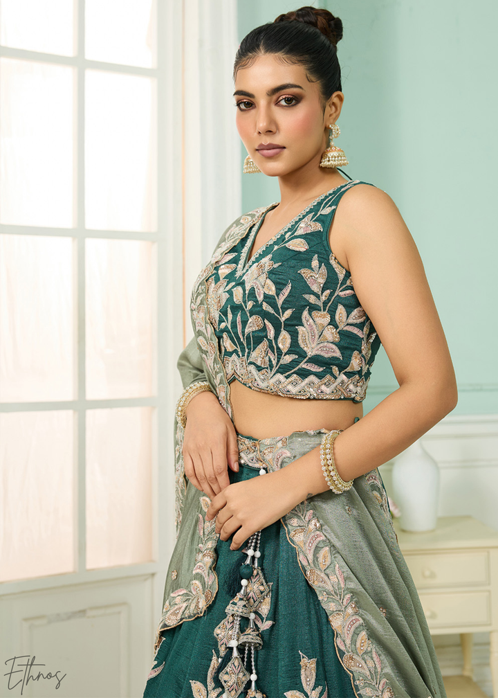 Emerald Green Floral Gota Embroidered Silk Lehenga Choli
