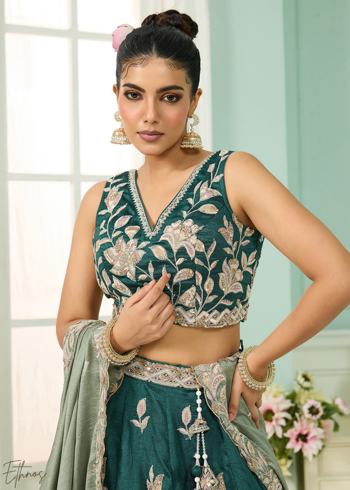Emerald Green Floral Gota Embroidered Silk Lehenga Choli