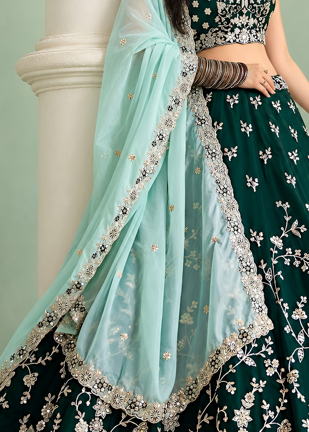 Emerald Green Foliage Medallion Rangoli Silk Lehenga Choli