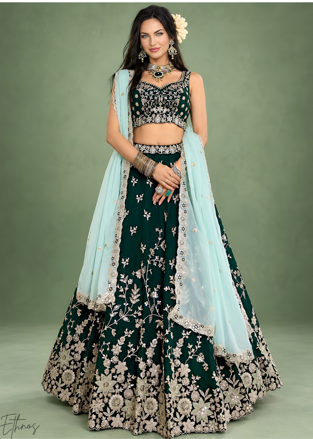 Emerald Green Foliage Medallion Rangoli Silk Lehenga Choli