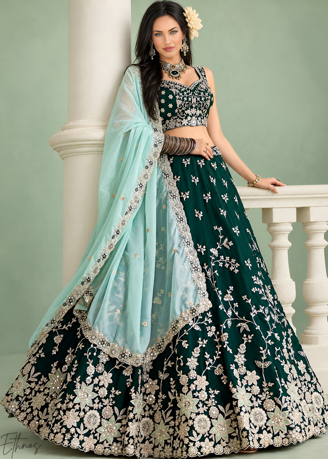Emerald Green Foliage Medallion Rangoli Silk Lehenga Choli