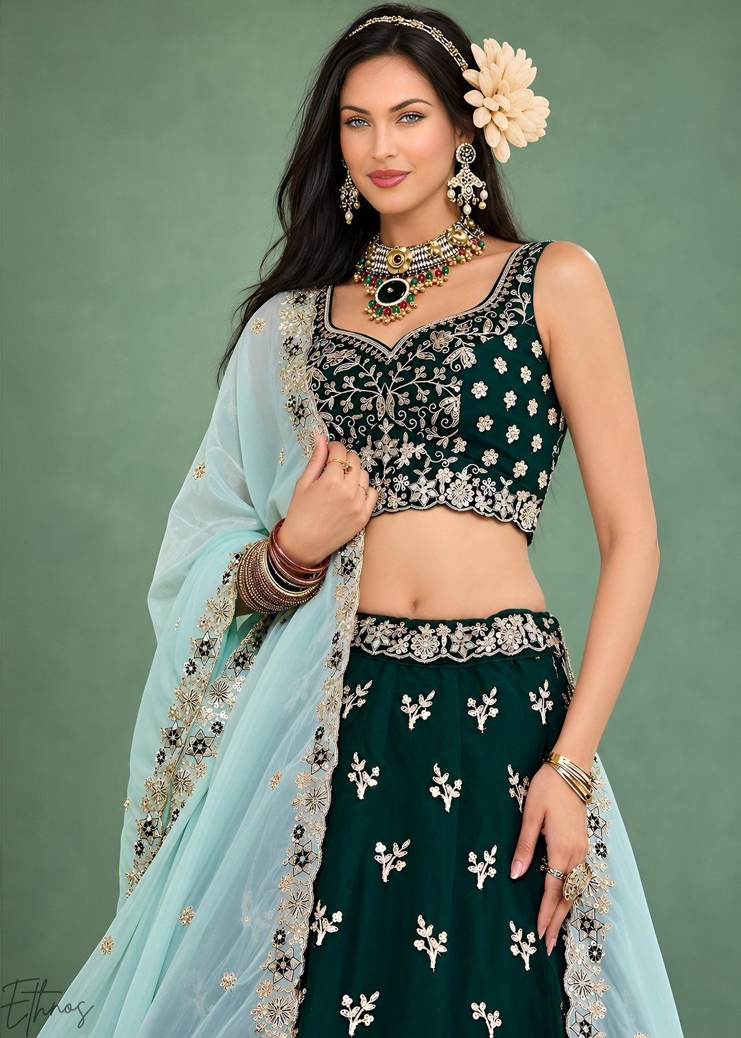 Emerald Green Foliage Medallion Rangoli Silk Lehenga Choli